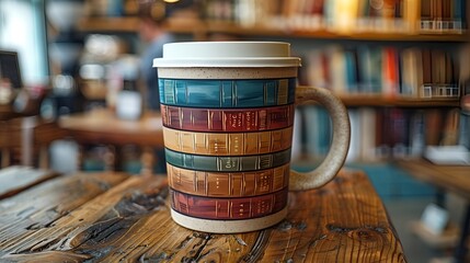 A coffee mug rests on a table, surrounded by an array of books.
