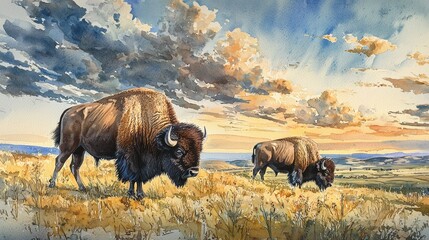 Watercolor bison grazing on a grassy plain, with a dramatic sky.