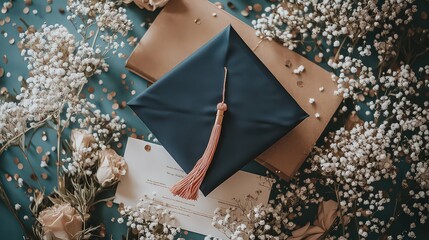  beautifully styled flat lay of graduation gear, including a cap, tassel, and certificate, with delicate flowers and confetti adding a festive touch.