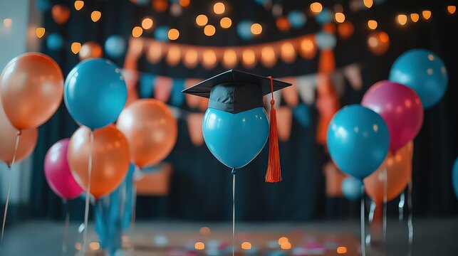  festive setup with graduation balloons, streamers, and a decorated backdrop, creating a vibrant and celebratory environment for marking the graduation milestone.
