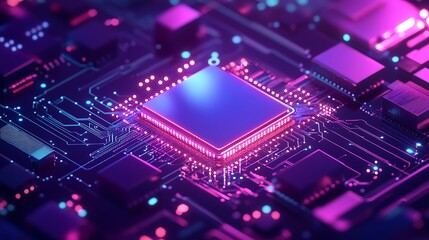 A close-up view of a glowing pink and blue CPU chip set on a circuit board.