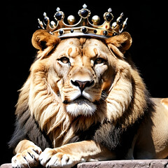 A majestic lion sitting and a crown in his head with black background.