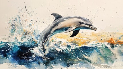Obraz premium Watercolor dolphin leaping out of the ocean, with waves and splashes.