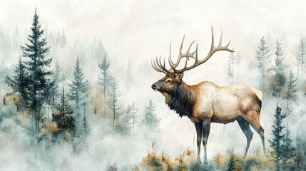 Watercolor elk with massive antlers, in a misty, pine forest.