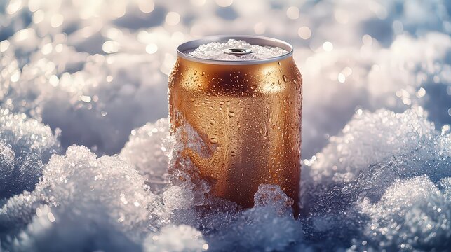  beer can surrounded by finely crushed ice, with a clear, flat area in the ice for adding event names, promotional slogans, or other text