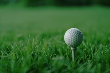 Fototapeta premium A crisp white golf ball perched perfectly on a tee, set against a lush green backdrop, ready for the perfect swing.