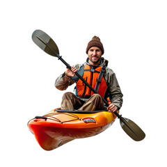 Full length portrait of a man kayaking Isolated on transparent background.