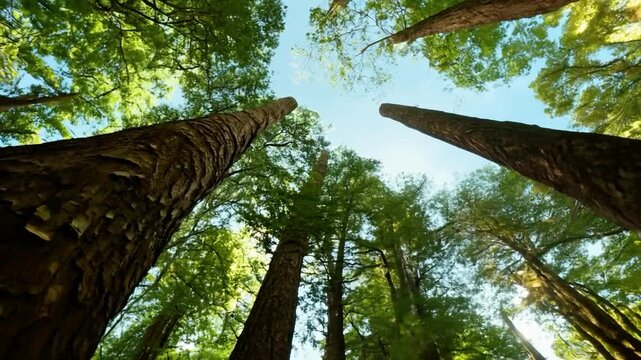 Tall trees reaching for the sky in a serene forest under bright blue skies
