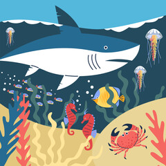 Under water life sea vector flat landscape, ocean or sea fauna and flora, underwater marine wildlife, corals and algae