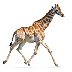 Obraz premium A graceful giraffe walking elegantly, showcasing its long neck and distinctive coat pattern against a clean white background.