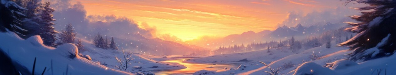 Fototapeta premium Serene Winter Enchantment: anime-style Illustration of a Snowy Valley River at Golden Hour, a Timeless Setting for Christmas and 2025 New Year's Festive Season Marketing,Anime-Style,illustration,Pictu
