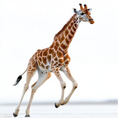 Obraz premium A majestic giraffe running gracefully across an open landscape, showcasing its long neck and unique spotted coat.