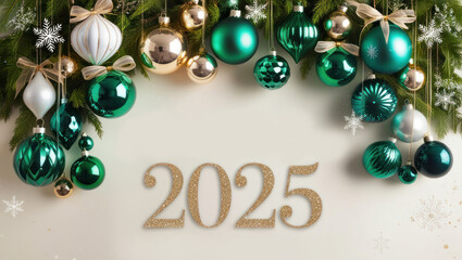 Numbers 2025 on a white background with emerald Christmas decorations and fir branches. New Year and Christmas concept. AI banner