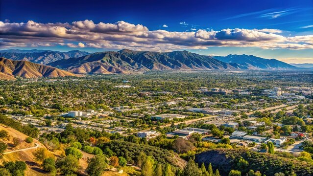 Panoramic view of the San Fernando Valley in California, with the Santa Monica Mountains in the distance, under a clear blue sky with few clouds.