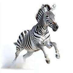 A majestic zebra running gracefully, showcasing its striking black and white stripes against a clean white background.