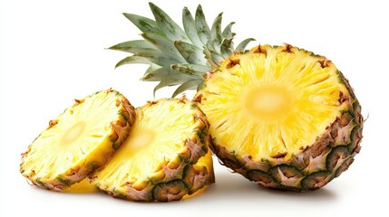 A ripe pineapple, export-quality, with slices arranged to highlight its juicy interior, isolated on white