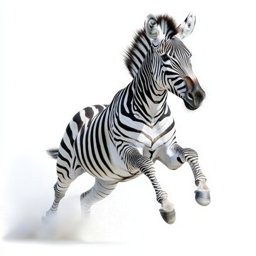 A majestic zebra running gracefully, showcasing its striking black and white stripes against a clean white background.
