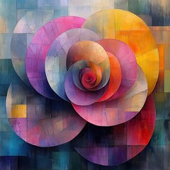 Fototapeta premium A vibrant abstract painting of a rose with layered, multicolored petals, blending modern design elements with floral inspiration in a textured composition. 