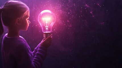 Young Girl Holding a Glowing Light Bulb, Symbol of Inspiration and Creativity