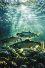 School of Salmon Swimming Under Sunlit Water