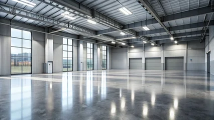 Polished grey concrete floor with subtle texture and soft natural light reflection, creating a modern and sleek atmosphere in an empty industrial space. © Four888