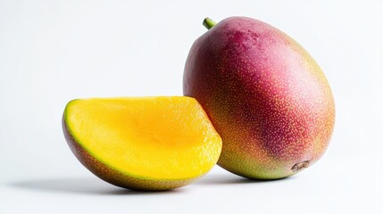A ripe mango, whole and sliced to reveal its juicy orange flesh, isolated on a white background, highlighting its export quality