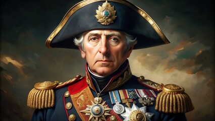 Portrait of a confident and authoritative historical figure in military uniform, adorned with medals and a bicorne hat, exuding power and wisdom.