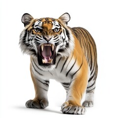 Naklejka premium A fierce and majestic tiger in a roaring stance, showcasing its powerful presence and striking orange and black stripes.