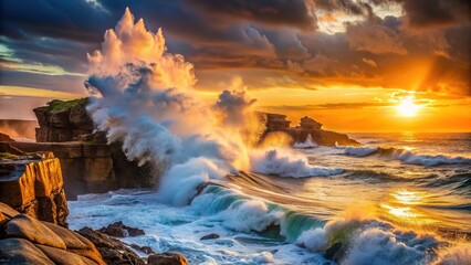 Fototapeta premium Powerful ocean waves crash against a rugged rock formation at sunset, sending sea spray high into the air in a dramatic coastal scene.