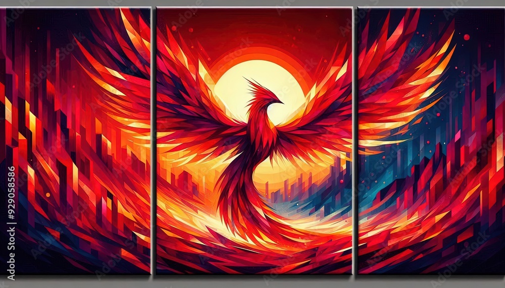 Wall mural HD triptych art of an abstract red burning phoenix at twilight, bold colors, geometric shapes, modern art, acrylic on canvas