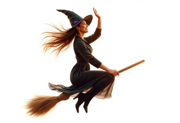 Witch Soaring on a Broomstick Isolated in White Background