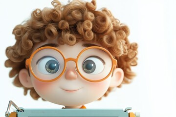 Creative 3D Cartoon Author with Typewriter and Glasses on White Background
