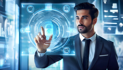 businessman using virtual screen manage cyber security highlighting importance data protection challenges securing digital information