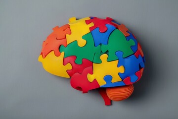 A captivating model brain made of colorful jigsaw puzzle pieces, symbolizing the complexity and interconnectedness of human thought.
