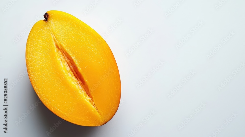 Sticker a ripe mango, sliced to display its vibrant orange flesh, isolated on a white background, emphasizin