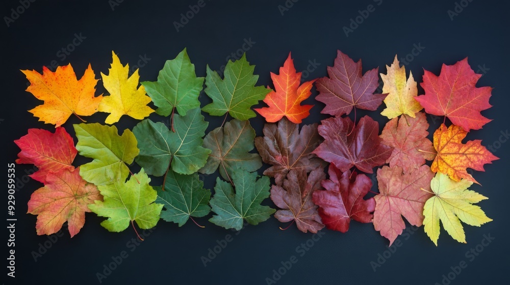 Poster a collection of various autumn leaves, displaying a range of vibrant colors from yellow to deep red,