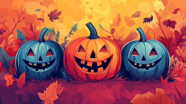 Three jack-o'-lanterns, one orange and two blue, with fall foliage in the background.