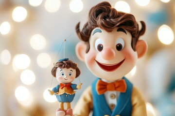 Naklejka premium Master Puppeteer Controlling Cartoon Marionette in 3D Animation on White Background