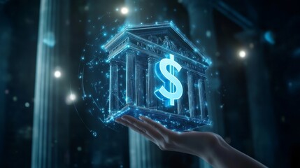 Digital Bank Building with Dollar Sign in Hand