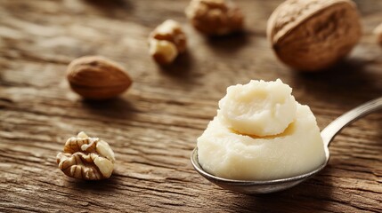 Shea butter in a spoon with nuts nearby on a wooden table, close-up. There's space for text. 