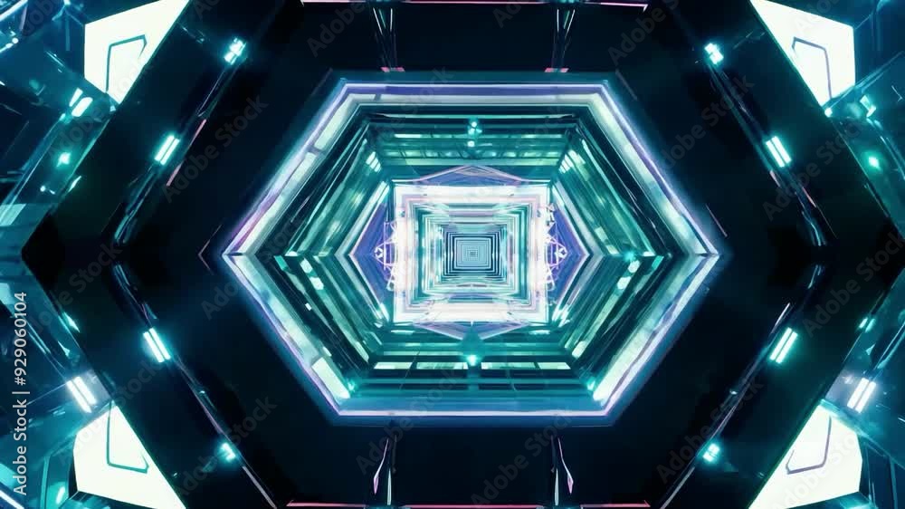 Poster exploring a mesmerizing tunnel of light and geometric patterns in a futuristic setting