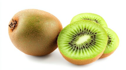 Fototapeta premium A ripe kiwifruit, whole and cut open to reveal the bright green flesh and black seeds, isolated on a white background