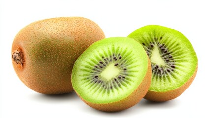 A ripe kiwifruit, whole and cut in half to show its vibrant green flesh and seeds, isolated on white