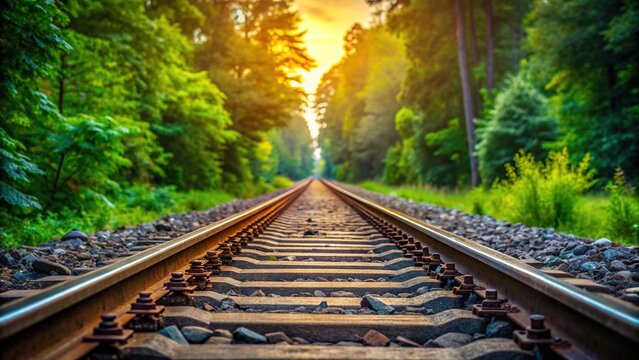 Railway tracks converging into the distance, exemplifying the concept of parallel, with a blurred background of trees and a serene natural atmosphere.