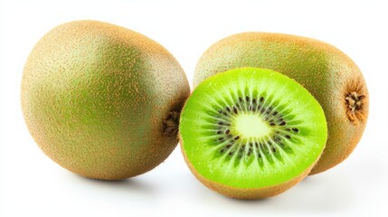 Fototapeta premium A ripe kiwifruit, whole and cut in half to show its vibrant green flesh and seeds, isolated on white