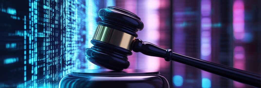 This striking visual depicts a judicial gavel placed against the dynamic backdrop of vividly glowing AI data streams, symbolizing the essential and vital intersection between law and technology today