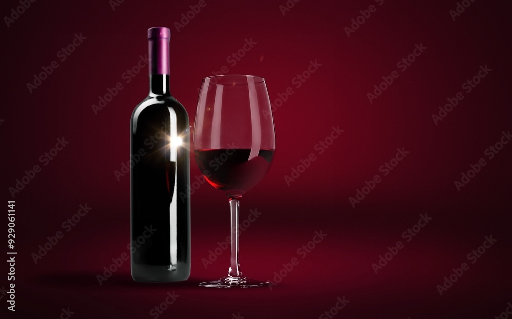 Poster Bottle and glass of alcohol red wine on wall background.