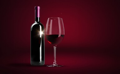 Bottle and glass of alcohol red wine on wall background.