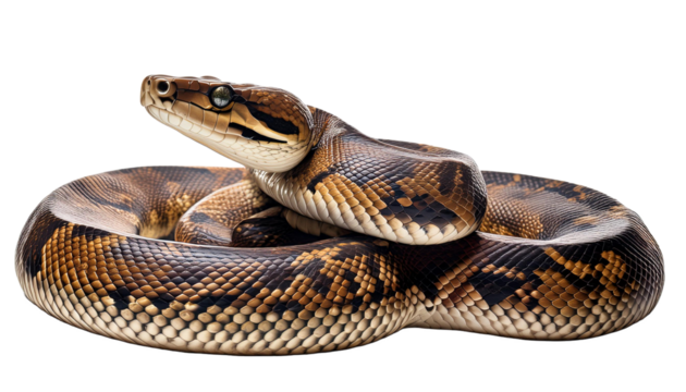 Close-up of isolated venomous python head with intense eyes against transparency background