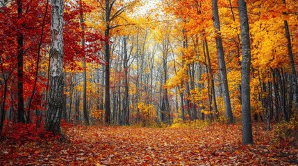 Fototapeta premium A quiet autumn forest with trees in vibrant red, orange, and yellow hues, the ground blanketed in leaves